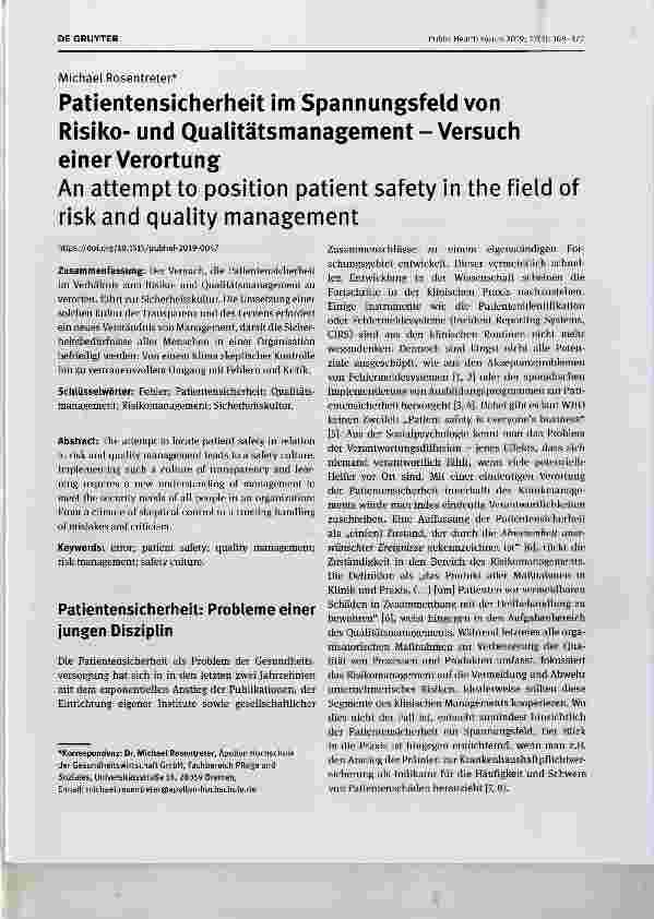 Vorschauseite 1: Patientensicherheit im Spannungsfeld von Risikound Qualitätsmanagement - Versuch einer Verortung