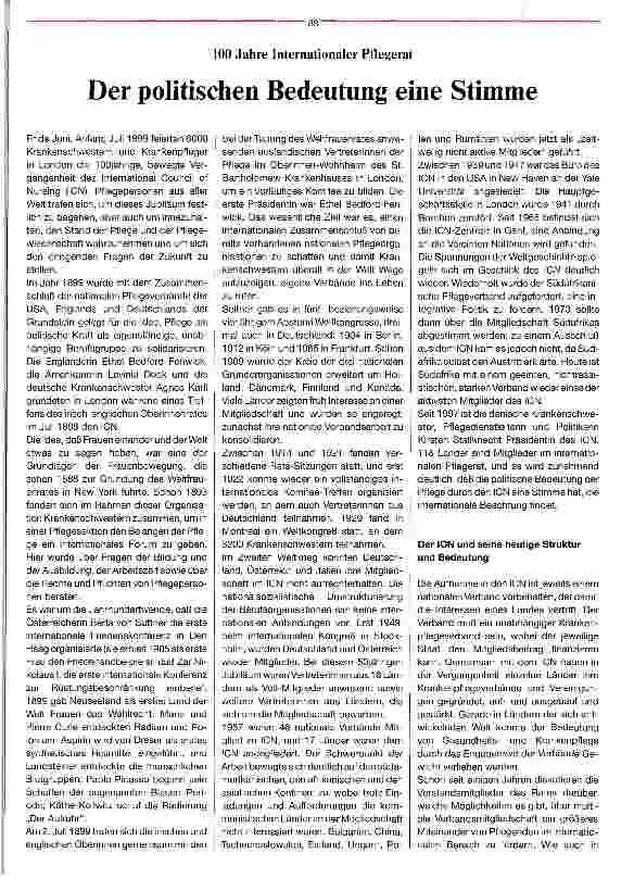 Vorschauseite 1: Der politischen Bedeutung eine Stimme 100 Jahre Internationaler Pflegerat