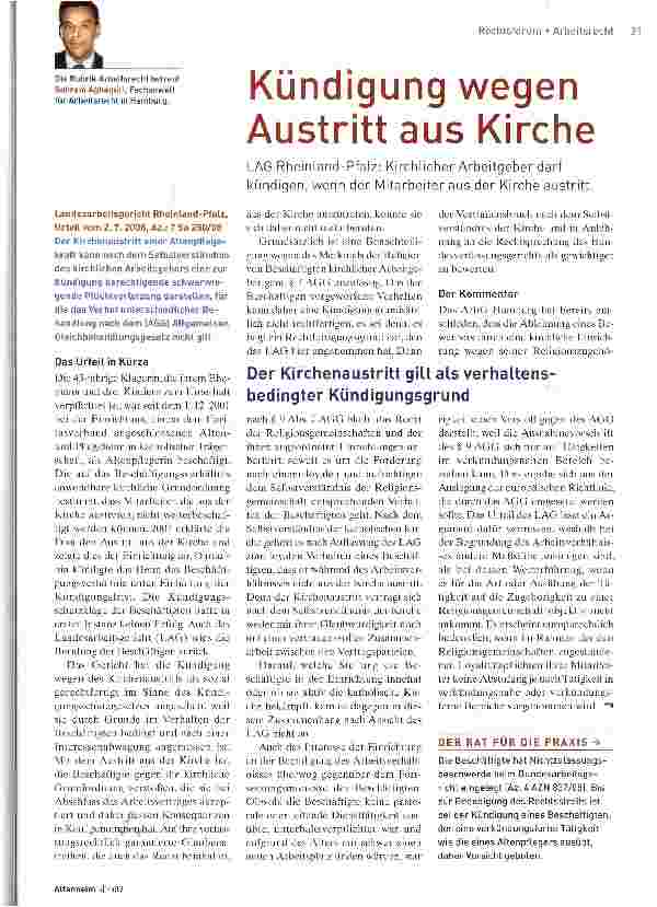 Vorschauseite 1: Kündigung wegen Austritt aus Kirche
