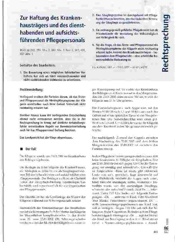Vorschauseite 1: Zur Haftung des Krankenhausträgers und des diensthabenden und aufsichtsführenden Pflegepersonals