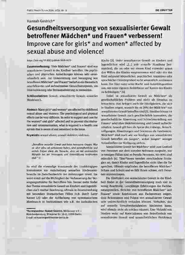 Vorschauseite 1: Gesundheitsversorgung von sexualisierter Gewalt betroffener Mädchen* und Frauen* verbessern!Improve care for girls* and women* affected by sexual abuse and violence!