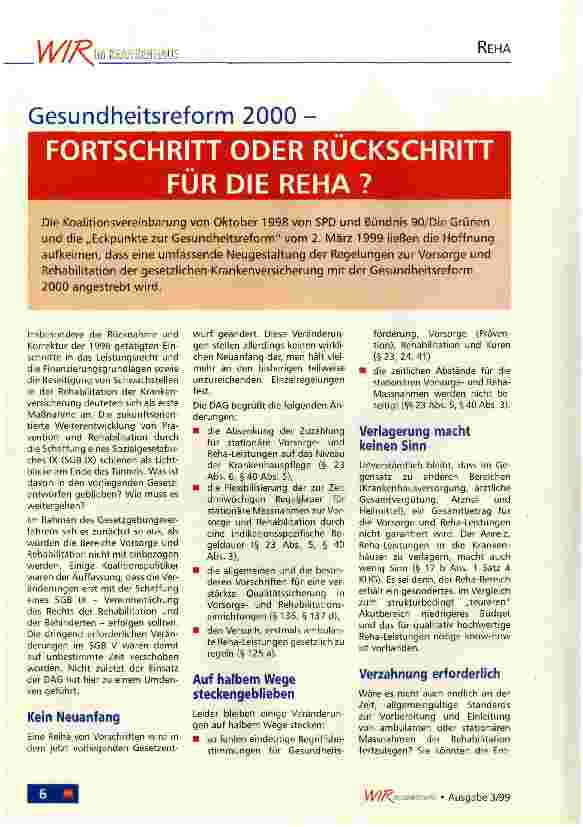 Vorschauseite 1: Gesundheitsreform 2000 - Fortschritt oder Rückschritt für die Reha?