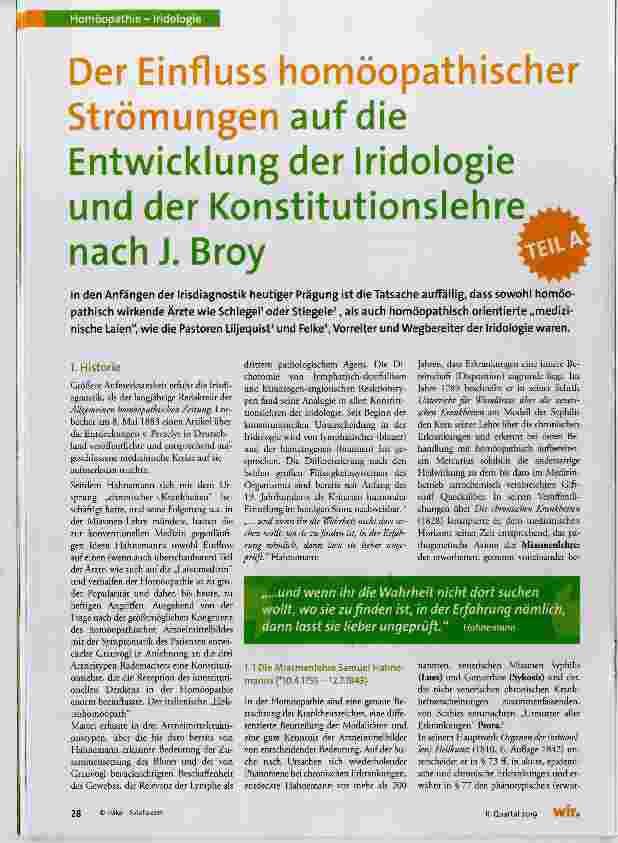 Vorschauseite 1: Der Einfluss homöopathischer Strömungen auf die Entwicklung der Iridologie und der Konstitutionslehre nach J. Broy