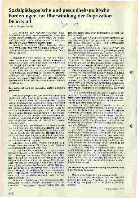 Vorschauseite 1: Sozialpädagogische und gesundheitspolitische Forderungen zur Überwindung der Deprivationbeim Kind
