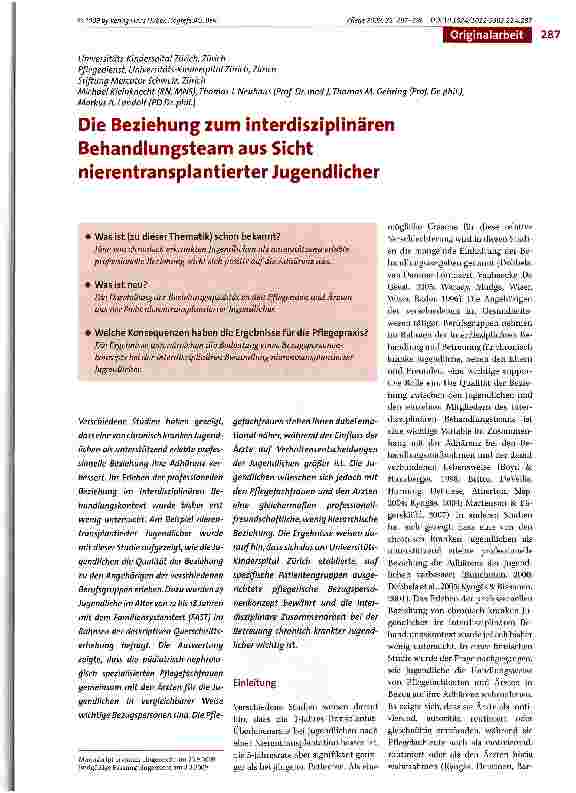 Vorschauseite 1: Die Beziehung zum interdisziplinären Behandlungsteam aus Sicht nierentransplantierter Jugendlicher