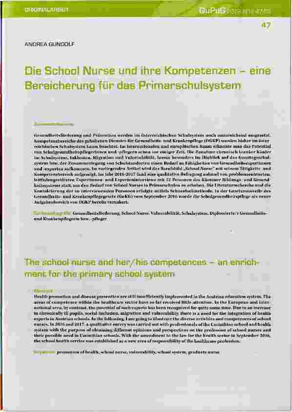 Vorschauseite 1: Die School Nurse und ihre Kompetenzen - eine Bereicherung für das Primarschulsystem