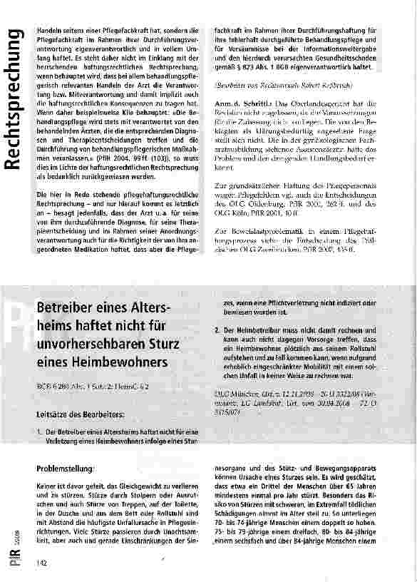 Vorschauseite 1: Betreiber eines Altersheims haftet nicht für unvorhersehbaren Sturz eines Heimbewohners