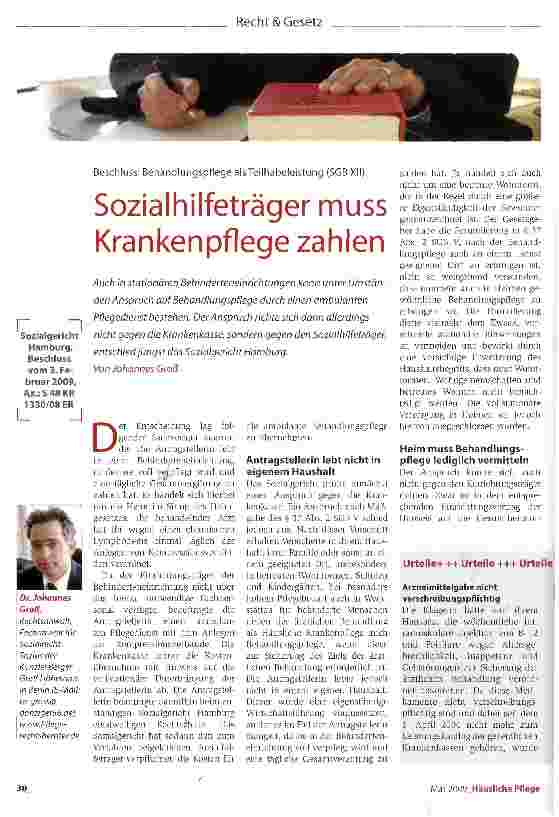 Vorschauseite 1: Sozialhilfeträger muss Krankenpflege zahlen