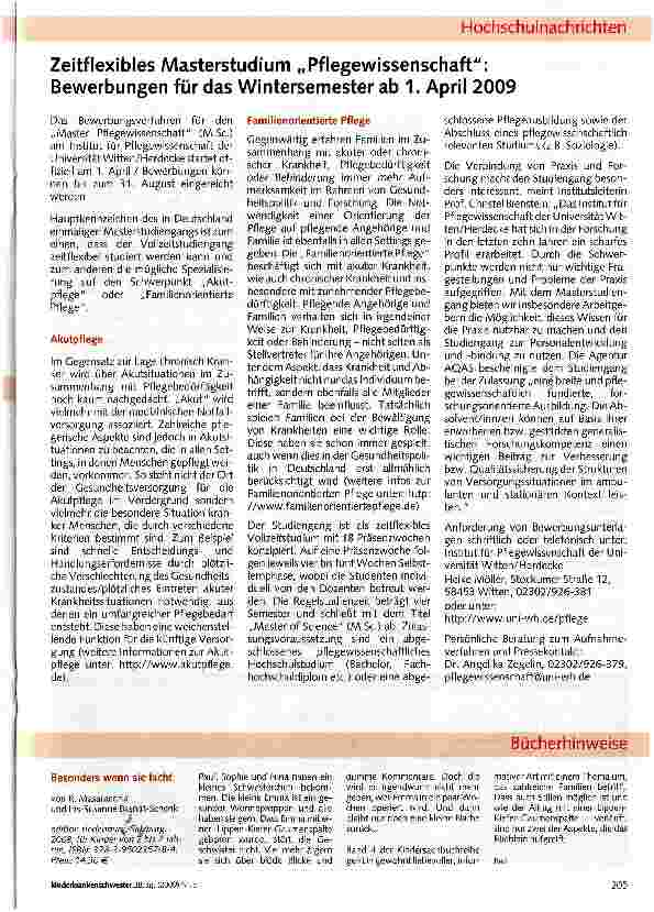 Vorschauseite 1: Zeitflexibles Masterstudium „Pflegewissenschaft: Bewerbungen für das Wintersemester ab 1. April 2009