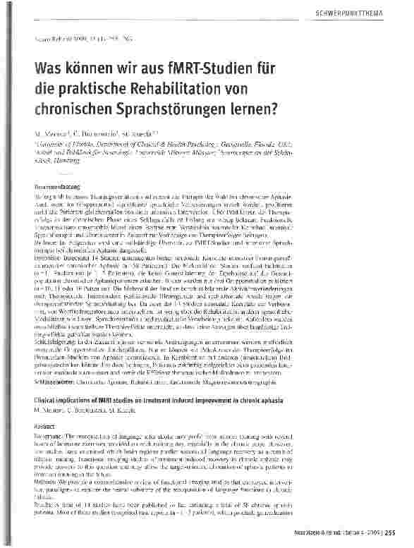 Vorschauseite 1: Was können wir aus fMRT-Studien für die praktische Rehabilitation von chronischen Sprachstörungen lernen?