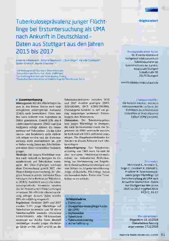 Vorschauseite 1: Tuberkuloseprävalenz junger Flüchtlinge bei Erstuntersuchung ais UMA nach Ankunft in Deutschland - Daten aus Stuttgart aus den Jahren 2015 bis 2017