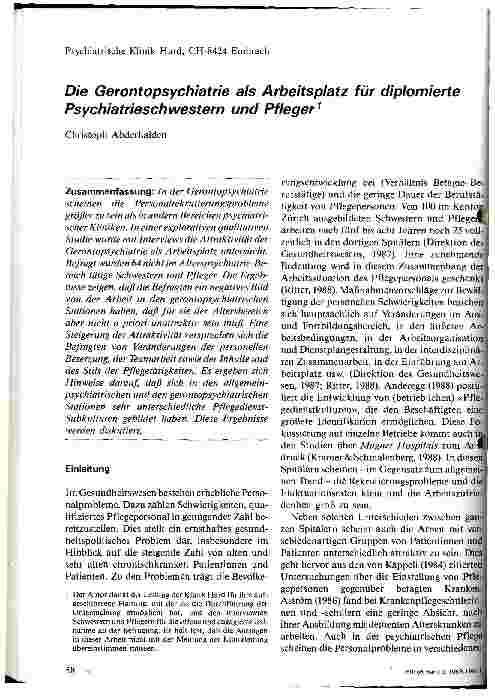 Vorschauseite 1: Die gerontopsychiatrie als Arbeitsplatz für diplomierte Psychiatrieschwestern und Pfleger