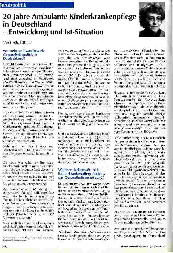 Vorschauseite 1: 20 Jahre Ambulante Kinderkrankenpflege in Deutschland Entwicklung und Ist-Situation