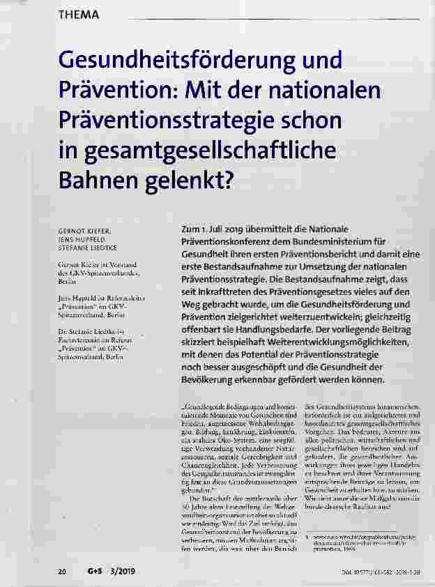 Vorschauseite 1: Gesundheitsförderung und Prävention: Mit der nationalen Präventionsstrategie schon in gesamtgesellschaftliche Bahnen gelenkt?