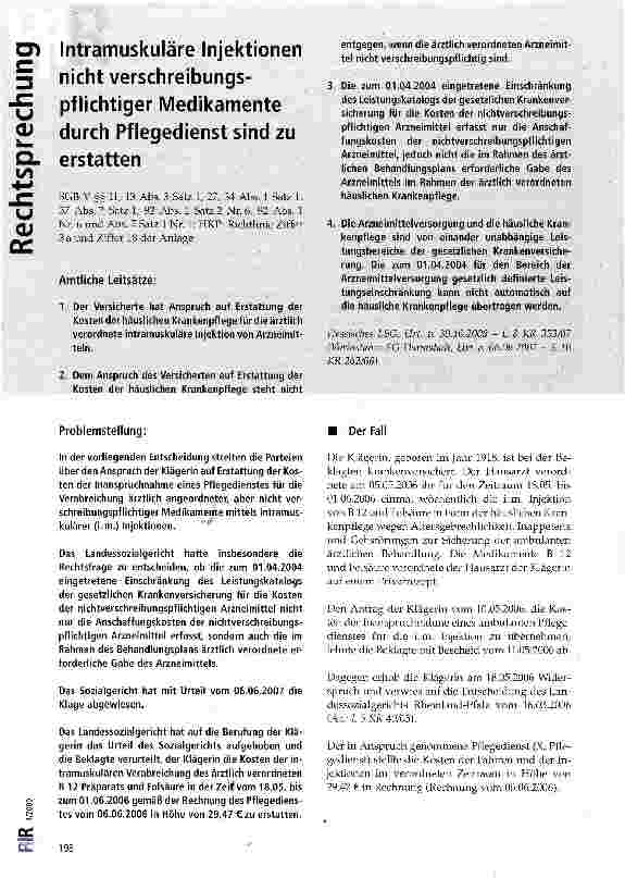 Vorschauseite 1: Intramuskuläre Injektionen nicht verschreibungs-pflichtiger Medikamente durch Pflegedienst sind zu erstatten