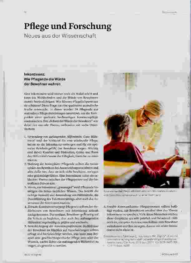 Vorschauseite 1: Pflege und Forschung Neues aus der Wissenschaft Inkontinenz: Wie Pflegende die Würde der Bewohner wahren