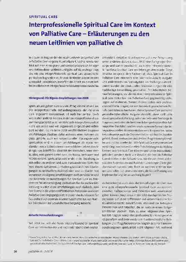 Vorschauseite 1: SPIRITUAL CARE Interprofessionelle Spiritual Care im Kontext von Palliative Care Erläuterungen zu den neuen Leitlinien von palliative ch