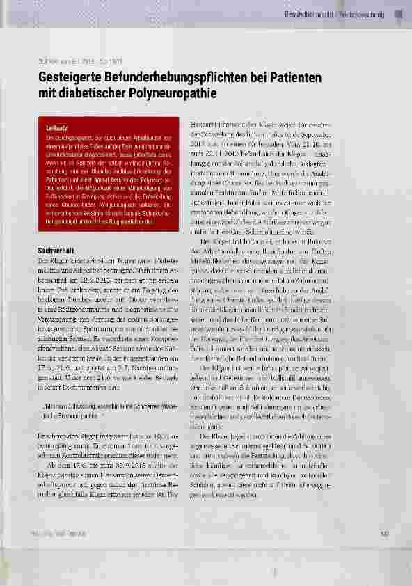 Vorschauseite 1: Gesteigerte Befunderhebungspflichten bei Patienten mit diabetischer Polyneuropathie