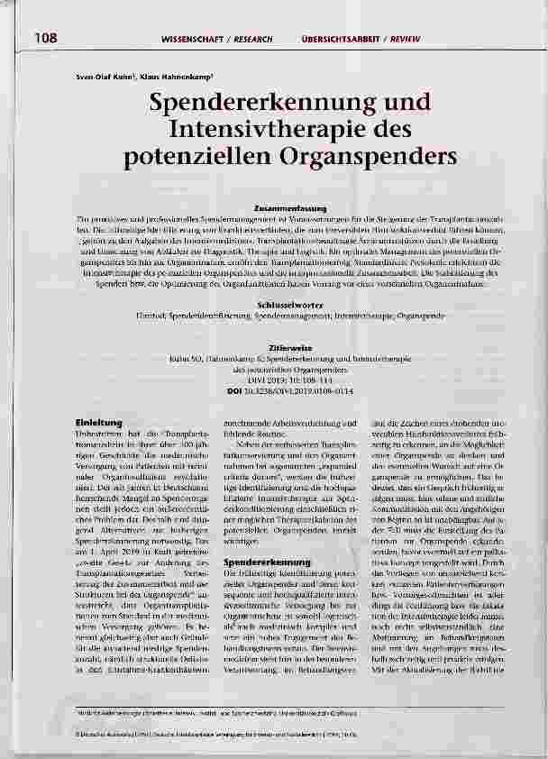 Vorschauseite 1: Spendererkennung und Intensivtherapie des potenziellen Organspenders