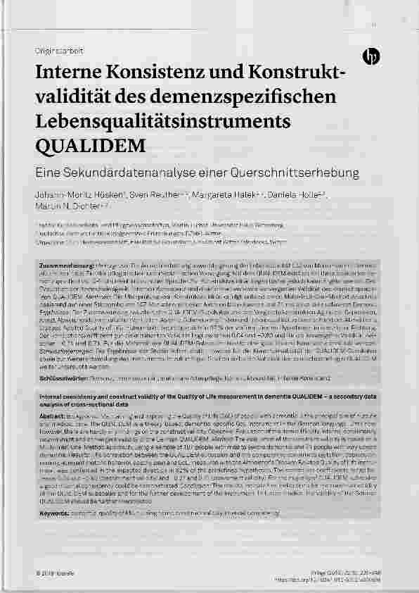 Vorschauseite 1: Interne Konsistenz und Konstruktvalidität des demenzspezifischen Lebensqualitätsinstruments QUALIDEM