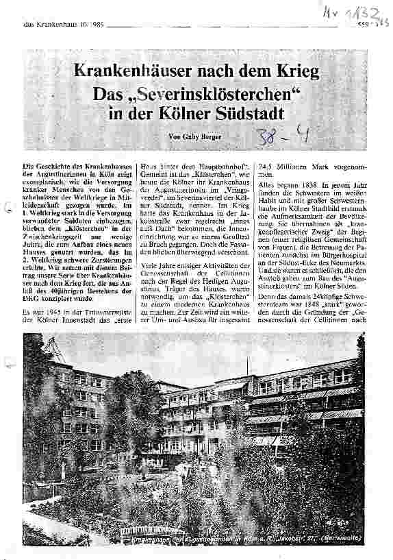Vorschauseite 1: Krankenhäuser nach dem Krieg Das Severinsklösterchen in der Kölner Südstadt