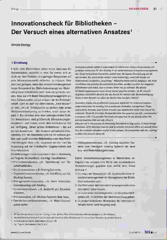 Vorschauseite 1: Innovationscheck für Bibliotheken Der Versuch eines alternativen Ansatzes