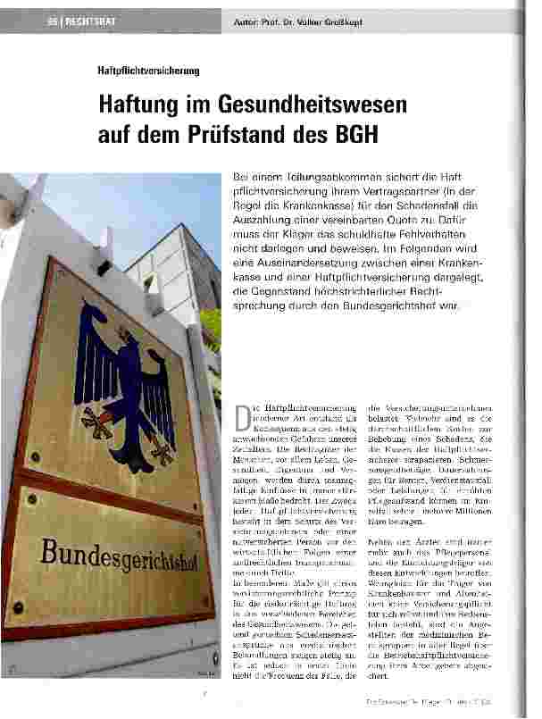 Vorschauseite 1: HaftpflichtversicherungHaftung im Gesundheitswesen auf dem Prüfstand des BGH
