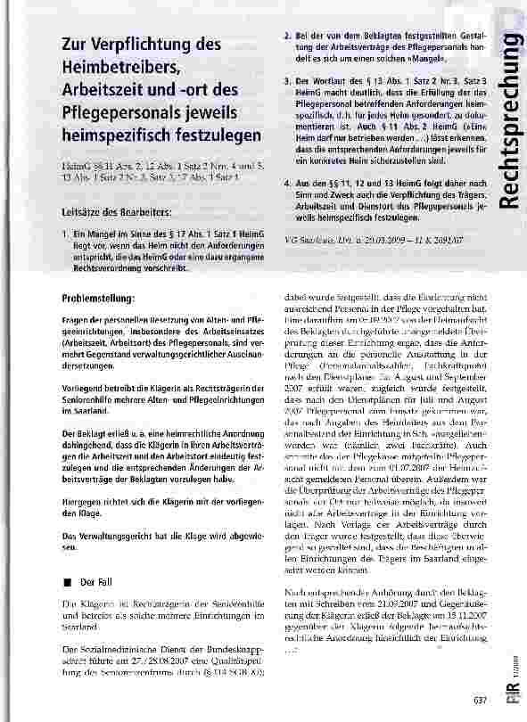 Vorschauseite 1: Zur Verpflichtung des Heimbetreibers, Arbeitszeit und -ort des Pflegepersonals jeweils heimspezifisch festzule