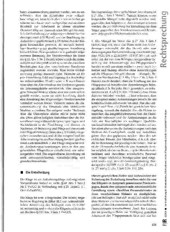 Vorschauseite 3: Zur Verpflichtung des Heimbetreibers, Arbeitszeit und -ort des Pflegepersonals jeweils heimspezifisch festzule