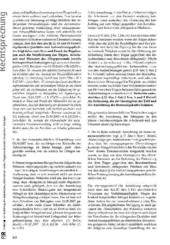 Vorschauseite 4: Zur Verpflichtung des Heimbetreibers, Arbeitszeit und -ort des Pflegepersonals jeweils heimspezifisch festzule