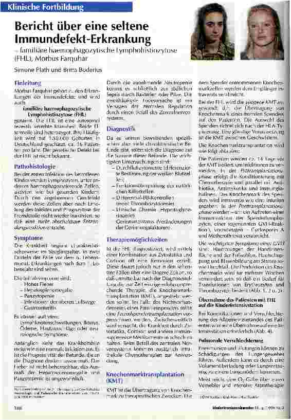 Vorschauseite 1: Bericht über eine seltene Immundefekt-Erkrankung - familiäre haemophagozytische Lymphohistiozytose (FHL), Morbus Farquhar