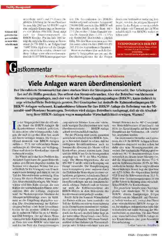 Vorschauseite 3: Kraft-Wärme-Kopplungsanlagen immer noch rentabel Energie: so profitiert auch das Krankenhaus von der ökologischen Steuerreform