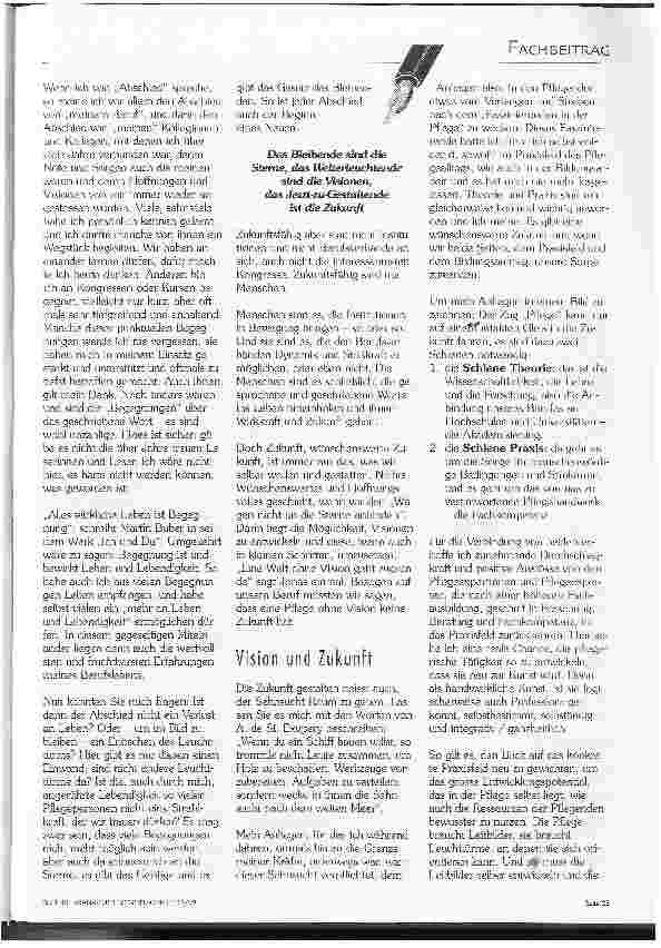 Vorschauseite 4: Spanne deinen Wagen an die Sterne Vortrag von Sr.Liliane Juchli, den sie anläßlich Ihres Abschieds von der öffentlichen Pflege-Szene gehalten am 28 Feb. 1998 in Barnatal hielt.