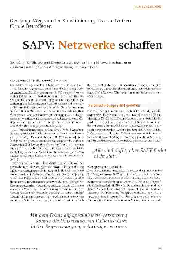Vorschauseite 1: Der lange Weg von der Konstituierung bis zum Nutzen für die BetroffenenSAPV: Netzwerke schaffen