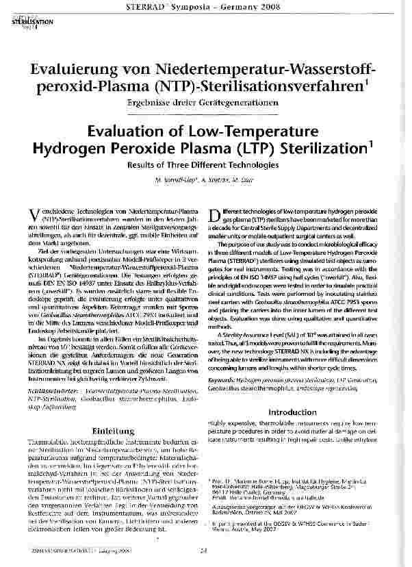 Vorschauseite 1: Evaluierung von Niedertemperatur-Wasserstoff peroxid-Plasma (NTP)-Sterilisationsverfahren