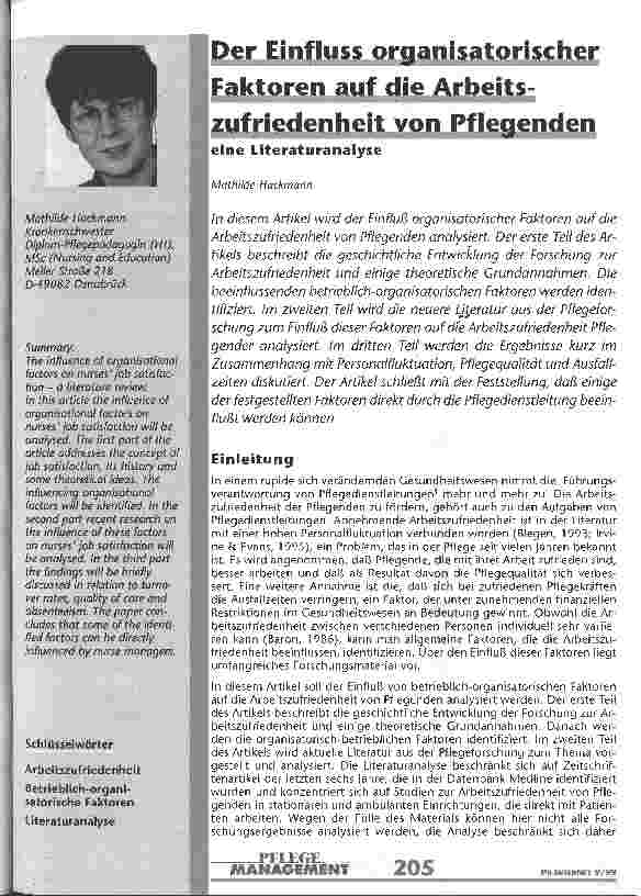 Vorschauseite 1: Der Einfluss organisatorischer Faktoren auf die Arbeitszufriedenheit von Pflegenden Eine Literaturanalyse