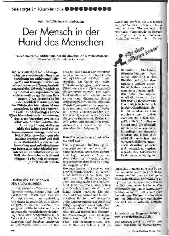 Vorschauseite 1: Der Mensch in der Hand des Menschen Vom Unterschied utilitaristischer Bioethik und einer Werteethik der Menschenwürde und des Lebens