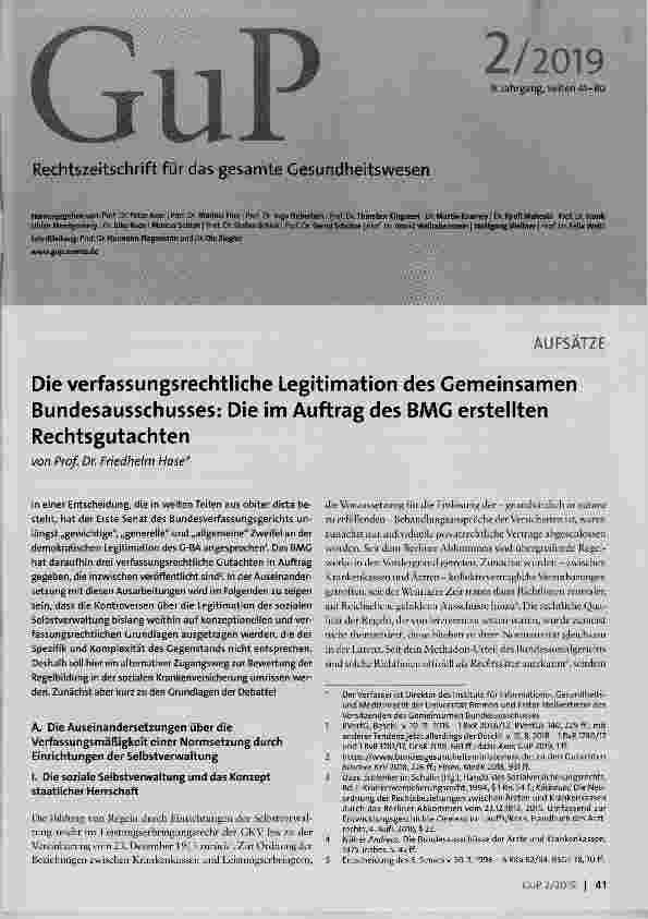 Vorschauseite 1: Die verfassungsrechtliche Legitimation des Gemeinsamen Bundesausschusses: Die im Auftrag des BAAG erstellten Rechtsgutachten