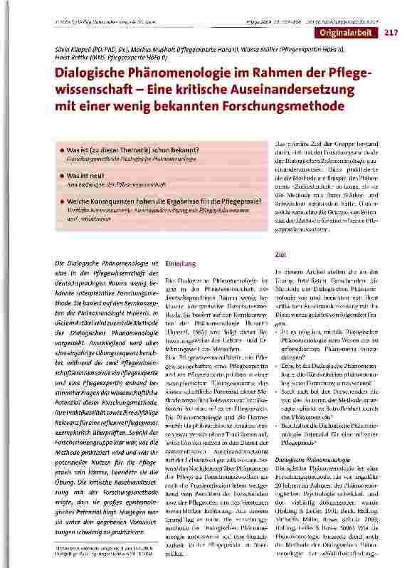 Vorschauseite 1: Dialogische Phänomenologie im Rahmen der Pflege Wissenschaft - Eine kritische Auseinandersetzung mit einer wenig bekannten Forschungsmethode