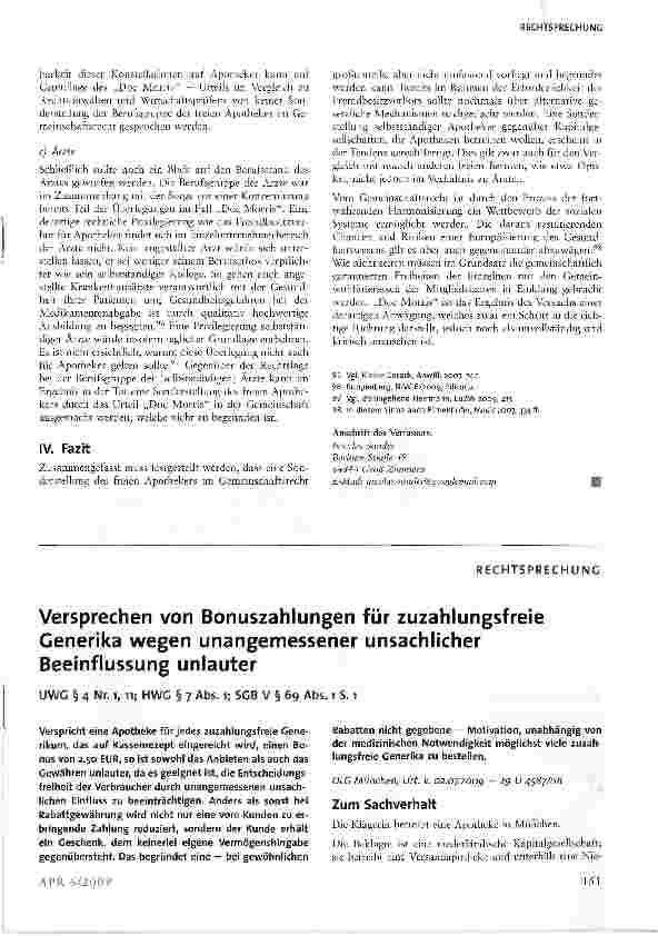 Vorschauseite 1: Versprechen von Bonuszahlungen für zuzahlungsfreie Generika wegen unangemessener unsachlicher Beeinflussung unlauter