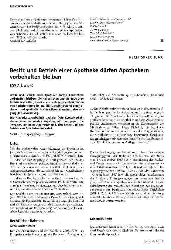 Vorschauseite 1: Besitz und Betrieb einer Apotheke dürfen Apothekern vorbehalten bleiben