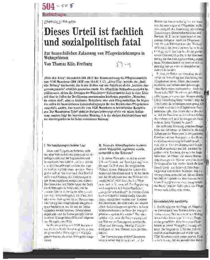 Vorschauseite 1: Dieses Urteil ist fachlich und sozialpolitisch fatal Zur baurechtlichen Zulassung von Pflegeeinrichtungen in Wohngebieten