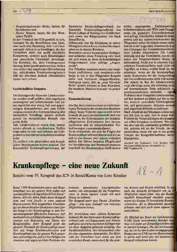 Vorschauseite 1: Krankenpflege - eine neue Zukunft Bericht vom 19. Kongreß des ICN in Seoul/Korea