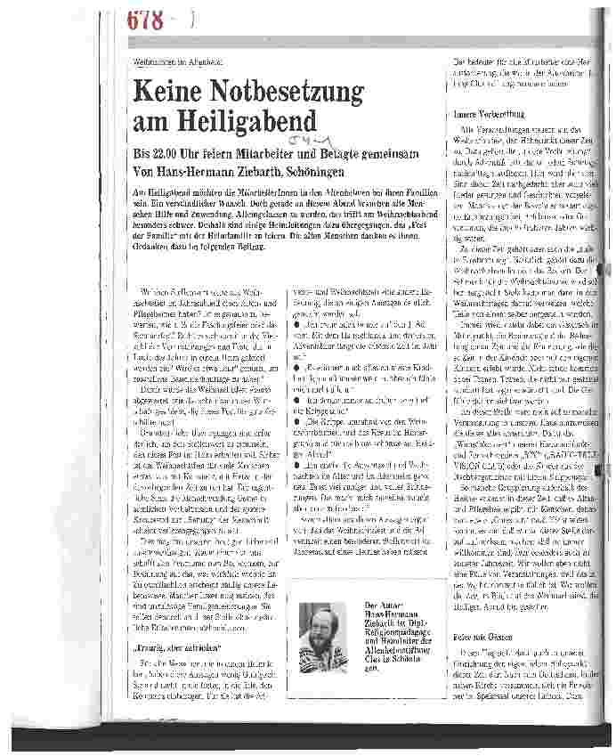 Vorschauseite 1: Keine Notbesetzung am Heiligabend Bis 22.00 Uhr feiern Mitarbeiter und Betagte gemeinsam