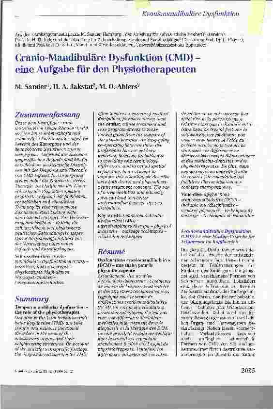 Vorschauseite 1: Cranio-Mandibuläre Dysfunktion (CMD) -eine Aufgabe für den Physiotherapeuten