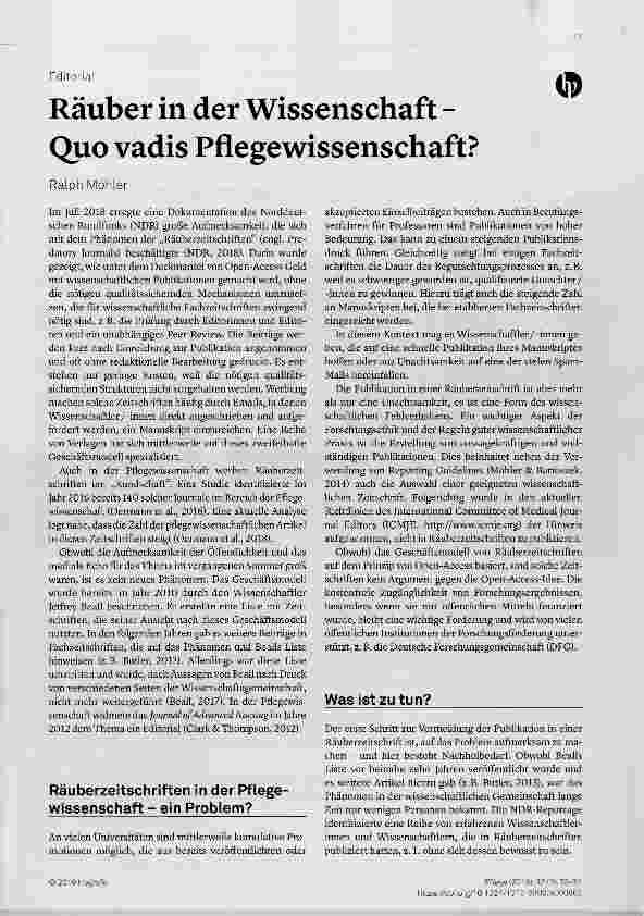 Vorschauseite 1: Räuber in der Wissenschaft Quo vadis Pflegewissenschaft?