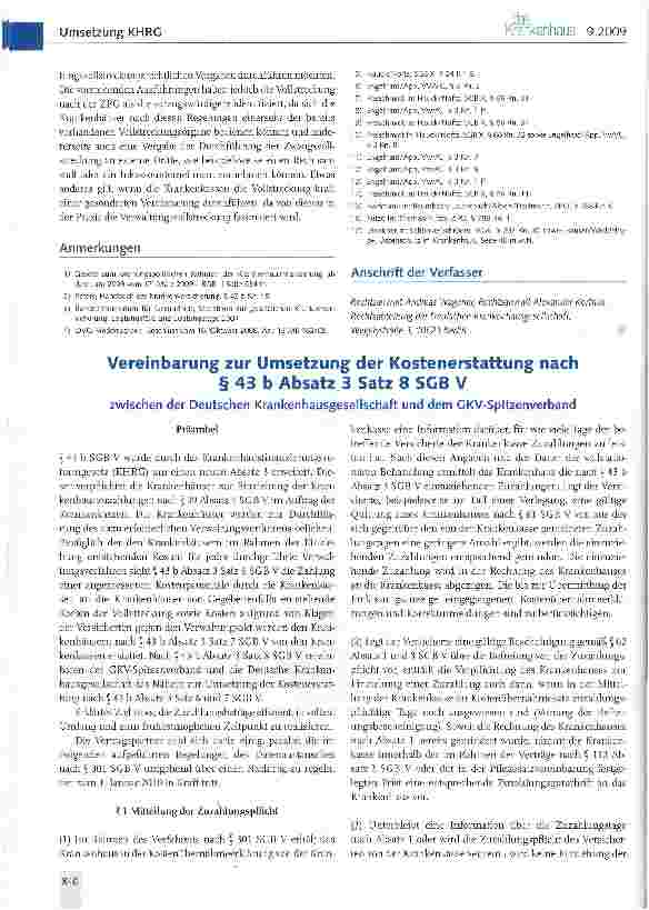 Vorschauseite 1: Vereinbarung zur Umsetzung der Kostenerstattung nach § 43 b Absatz 3 Satz 8 SGB Vzwischen der Deutschen Krankenhausgesellschaft und dem GKV-Spitzenverband