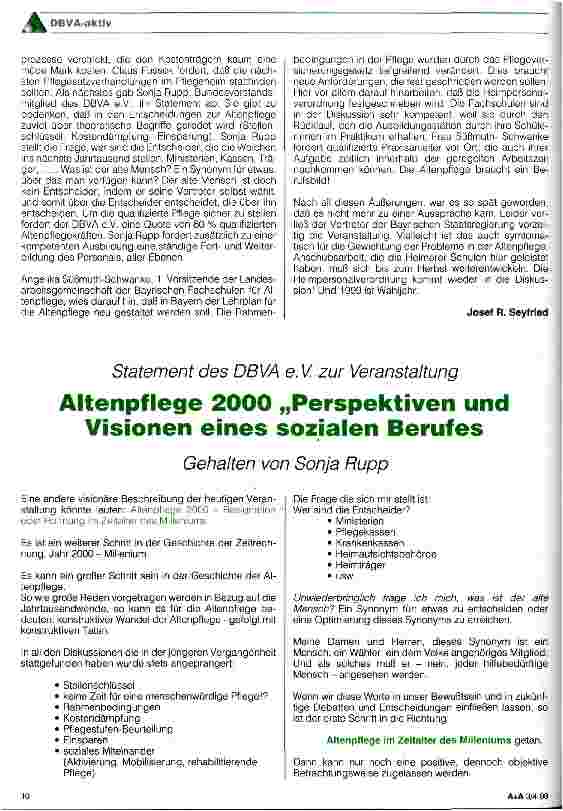 Vorschauseite 3: Altenpflege 2000 - Perspektiven und Visionen eines Sozialen Berufes