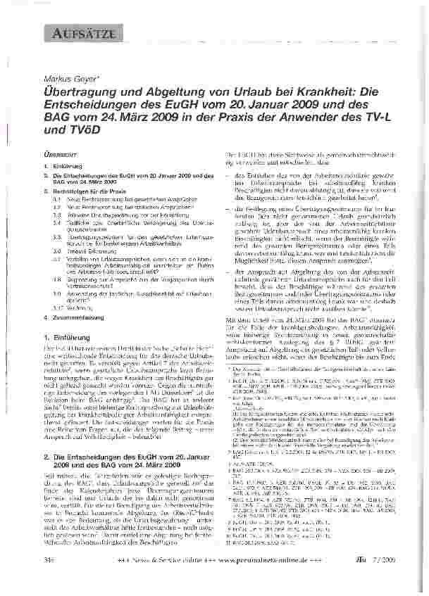 Vorschauseite 1: Übertragung und Abgeltung von Urlaub bei Krankheit: Die Entscheidungen des EuGH vom 20. Januar 2009 und des BAG vom 24. März 2009 in der Praxis der Anwender des TV-L und TVöD