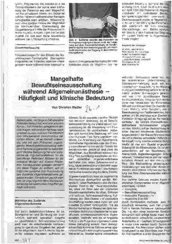 Vorschauseite 1: Mangelhafte Bewußtseinsausschaltung während Allgemeinanästhesie Häufigkeit und klinische Bedeutung